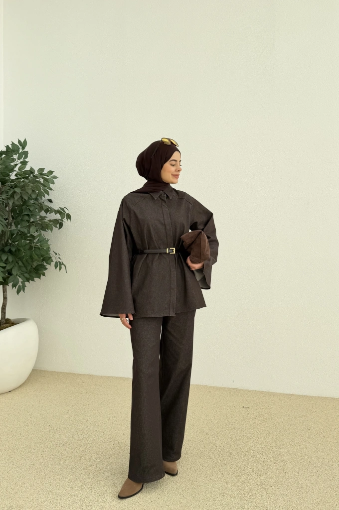 8917 YARASA KOL TUNİK TAKIM KAHVE