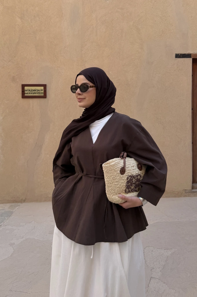 8975 KETEN V YAKA BLUZ !! KAHVE