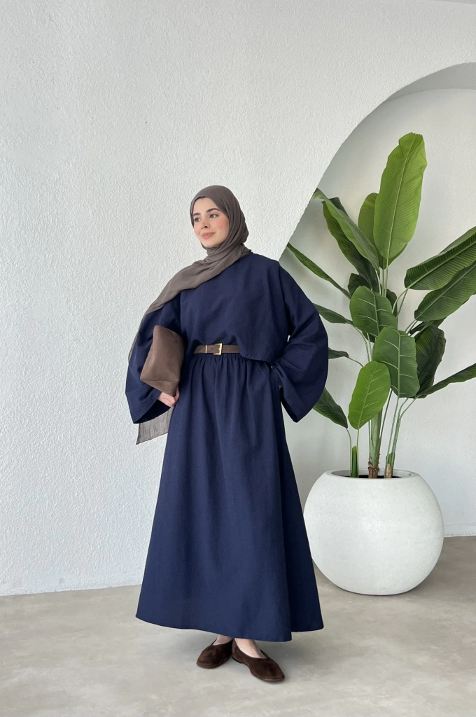 ALİS %100 HAM KETEN ETEKLİ TAKIM LACİVERT