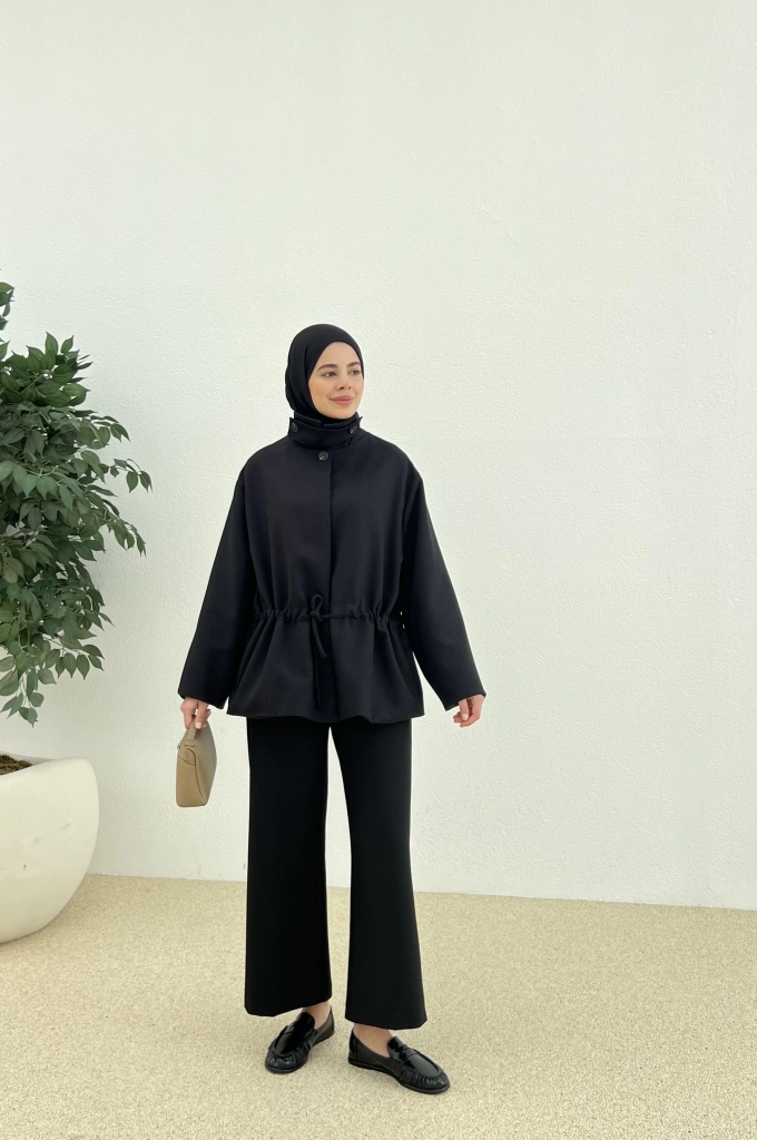 APOLET YAKALI PREMİUM TRENÇ siyah