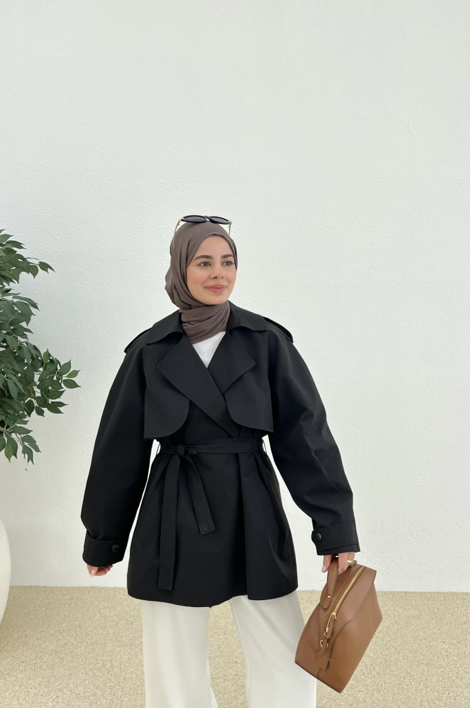 7556 Bakü KISA TRENÇKOT SİYAH..
