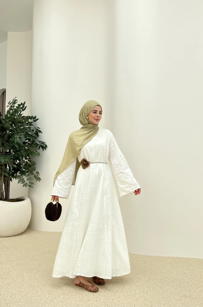 BEL OTURTMALI KETEN ELBİSE beyaz tbb