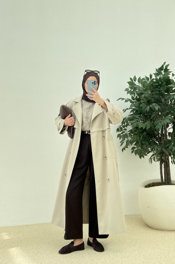 BKÜ PREMİUM POLEVİSKON UZUN SALAŞ TRENÇKOT taş(bej düğme)