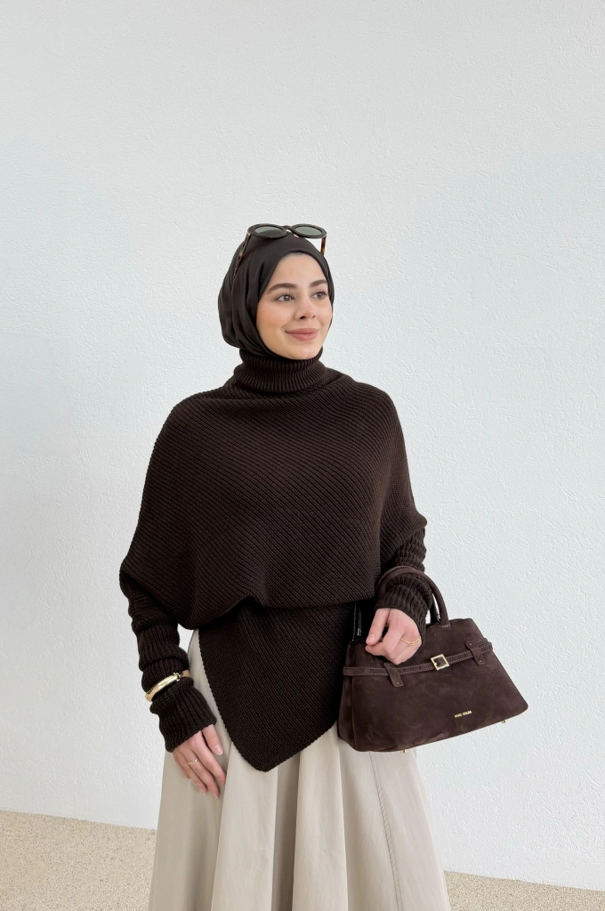 BOĞAZLI ASİMETERİK KAZAK kahve