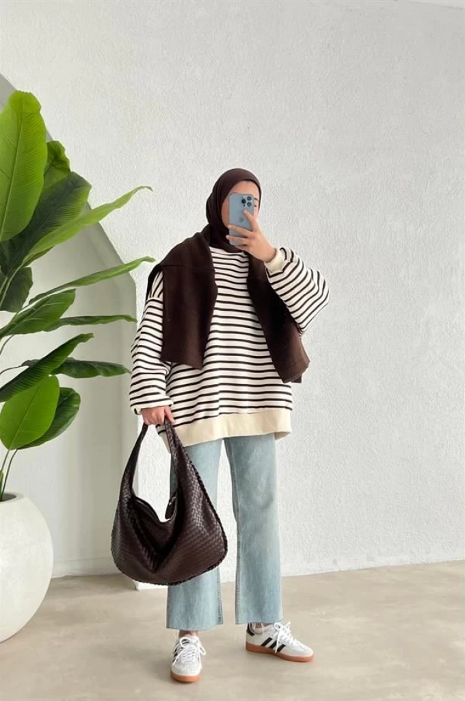 ÇİZGİLİ ŞARDONLU SWEAT bordo