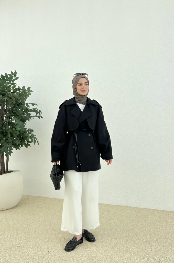 DERİ İP KEMERLİ PAMUKLU KISA TRENÇKOT SİYAH