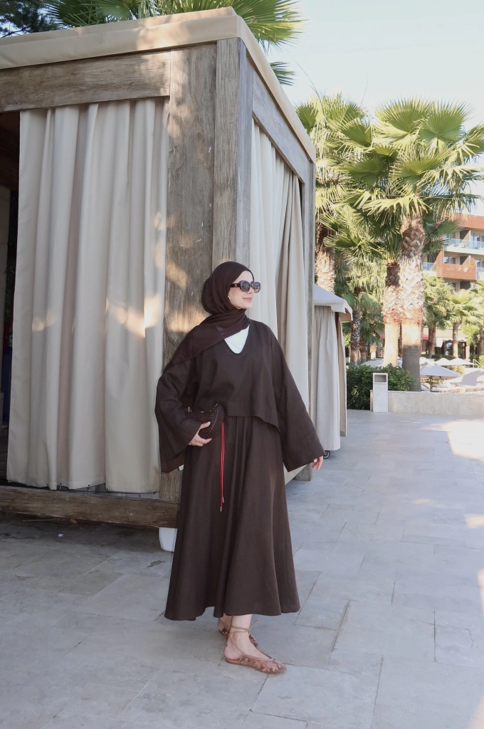 6035 DERİN YAKA KETEN KİMONO TAKIM KAHVE