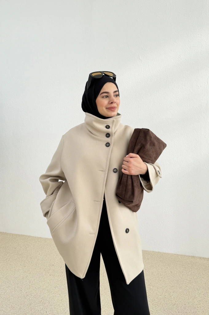 DİK YAKA KAŞE KABAN bej