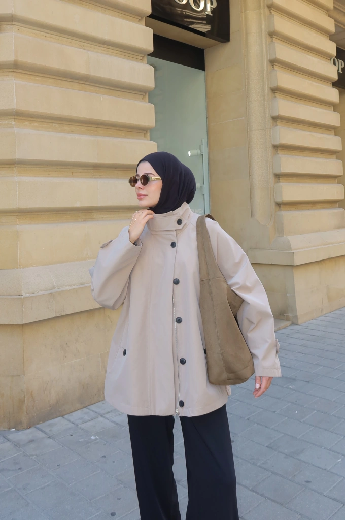 DİK YAKA TRENÇKOT ASTARLI bej