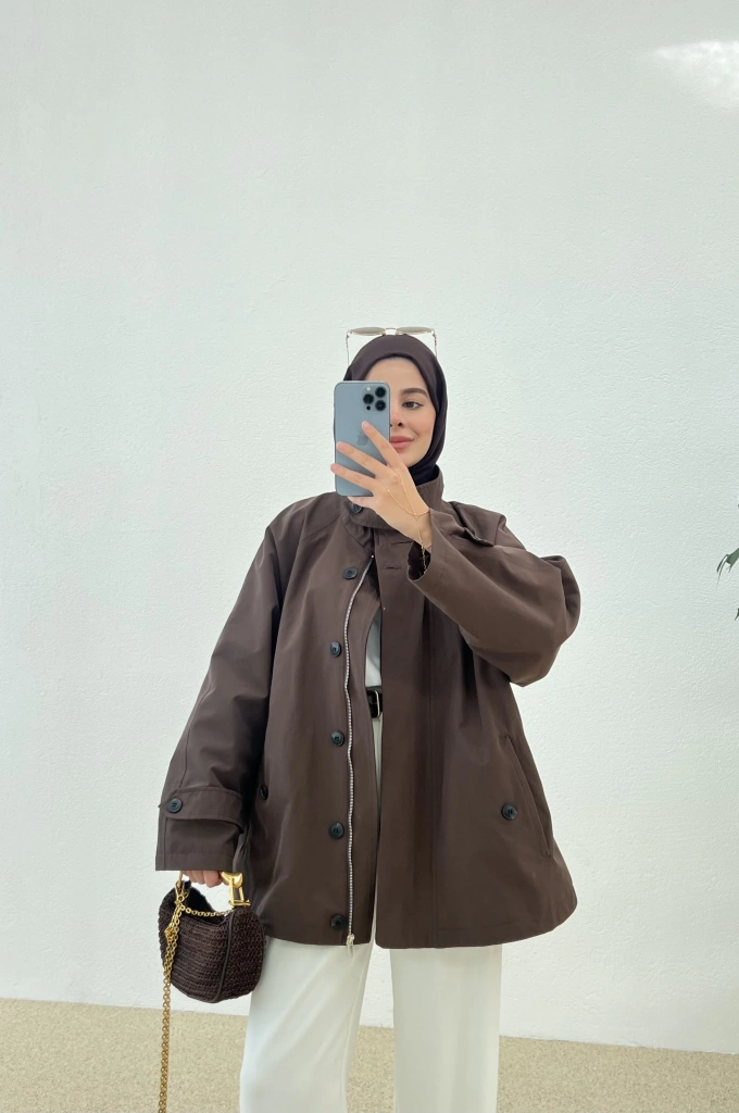 DİK YAKA TRENÇKOT ASTARLI kahve