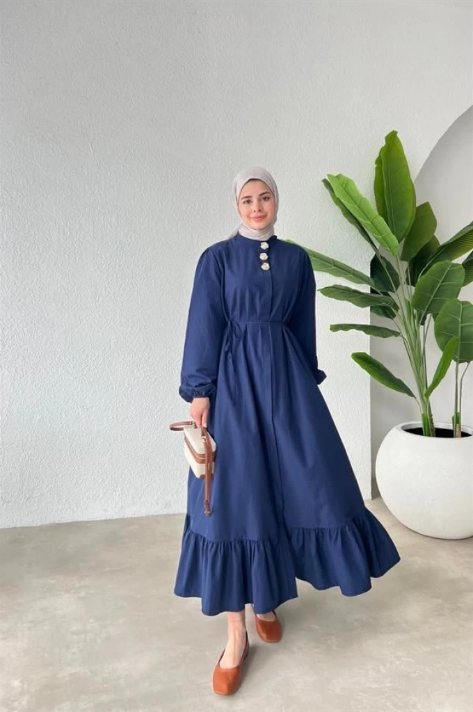 GOLD ÖNDEN DÜĞMELİ ELBİSE LACİVERT