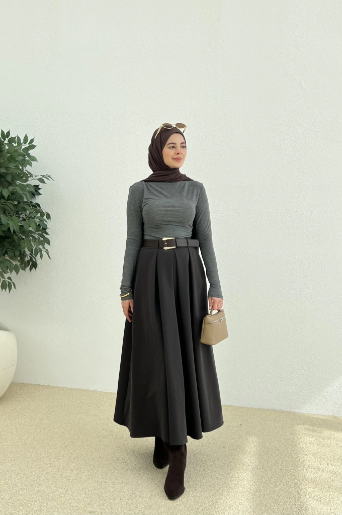 KEMERLİ KIRIŞMAZ POLEVİSKON ETEK kahve