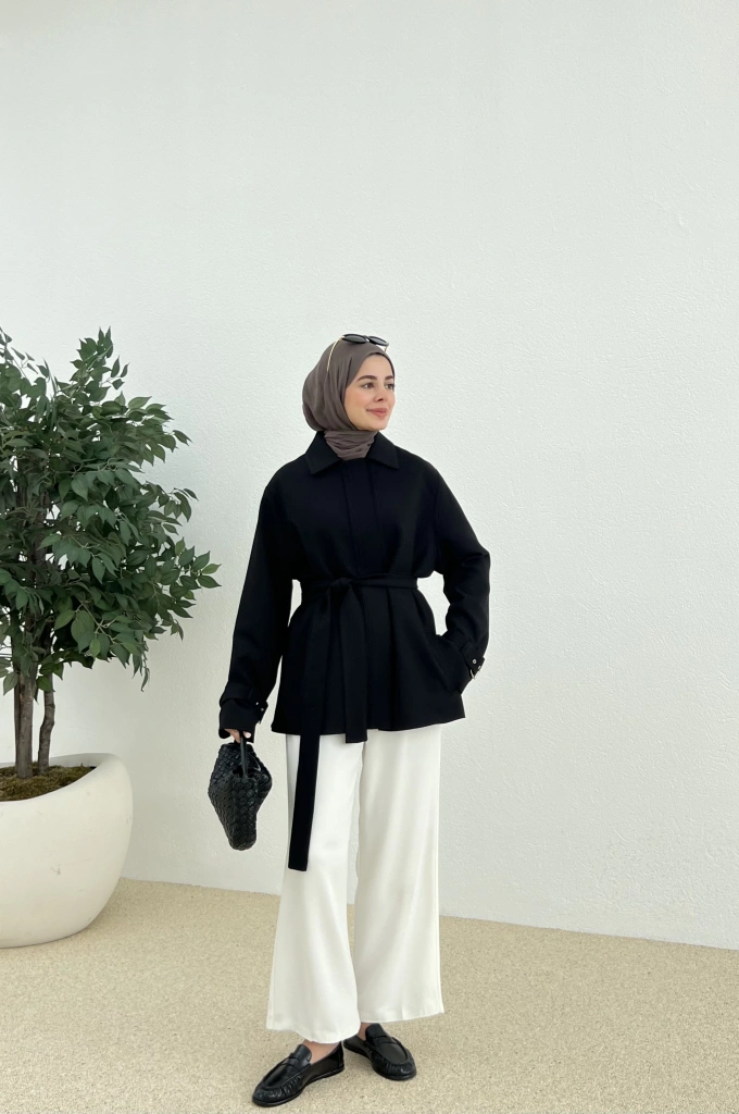 KEMERLİ POLEVSİKON CEKET TRENÇ SİYAH