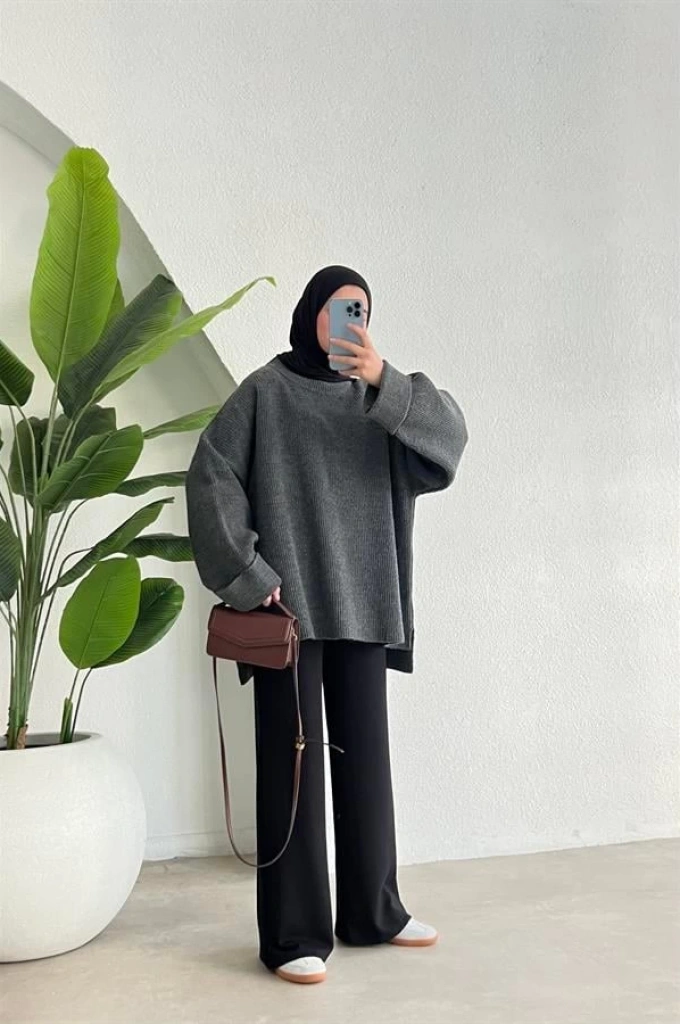 KOL KATLI SIK DOKUMA PREMİUM KAZAK ANTRASİT