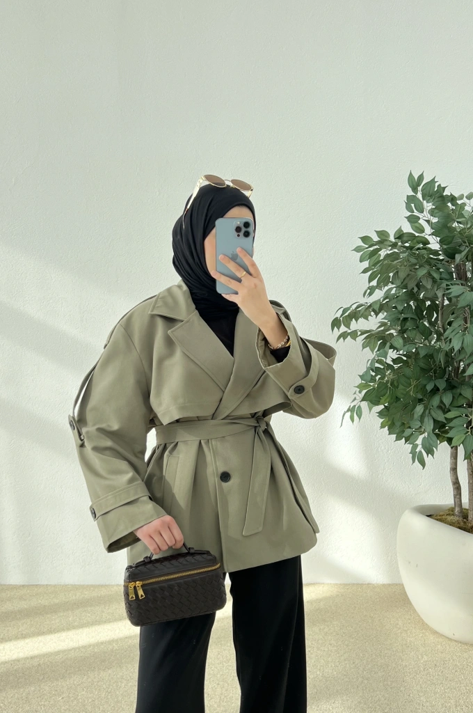 KUŞAKLI ASTARLI TRENÇKOT yeşil