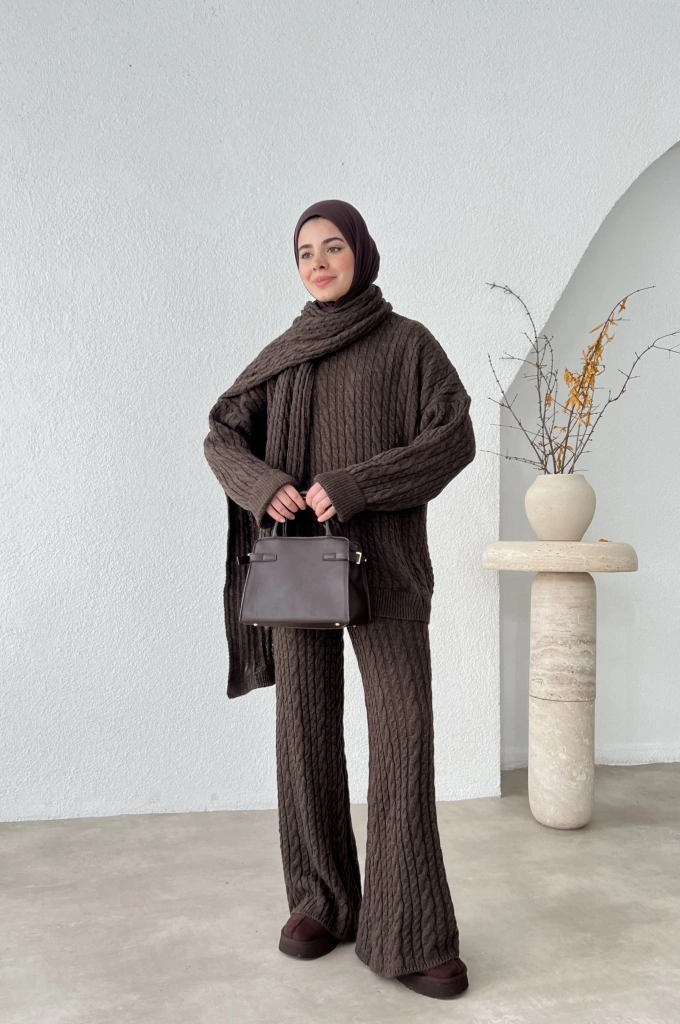 KUU ÖRGÜLÜ PİNTEREST ATKILI TAKIM KAHVERENGİ