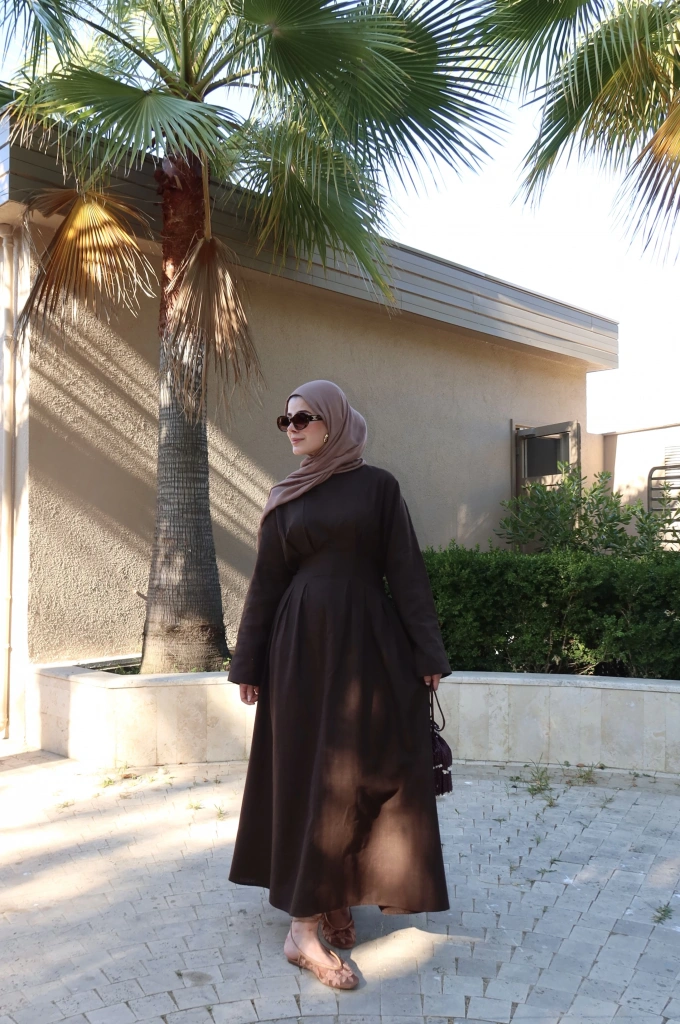 MİLS BEL PİLELİ KETEN ELBİSE acı kahve