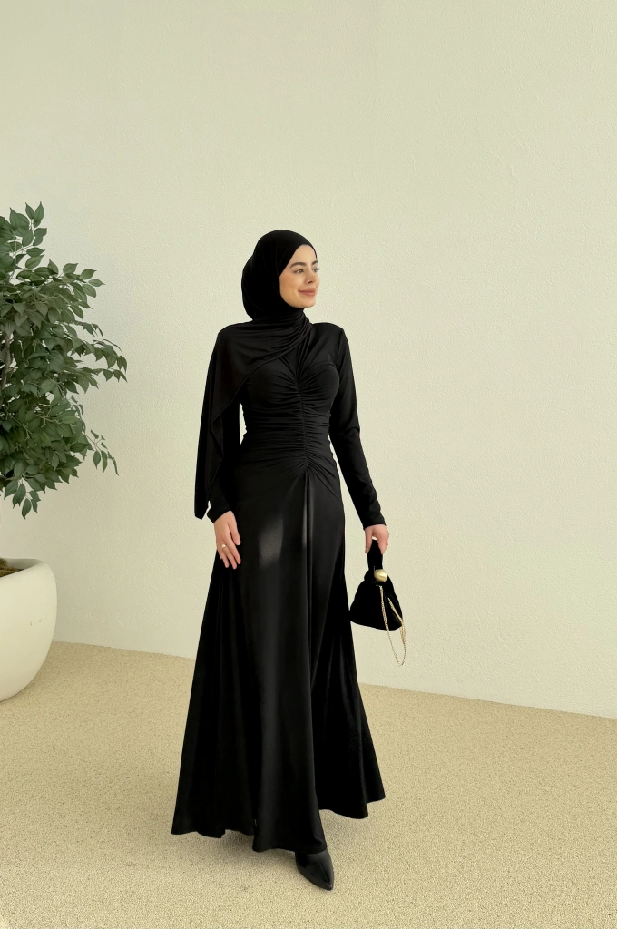 ÖN BÜZGÜ LİKRALI ELBİSE siyah