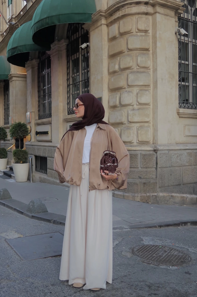 ZRA SATEN BOMBER koyu bej