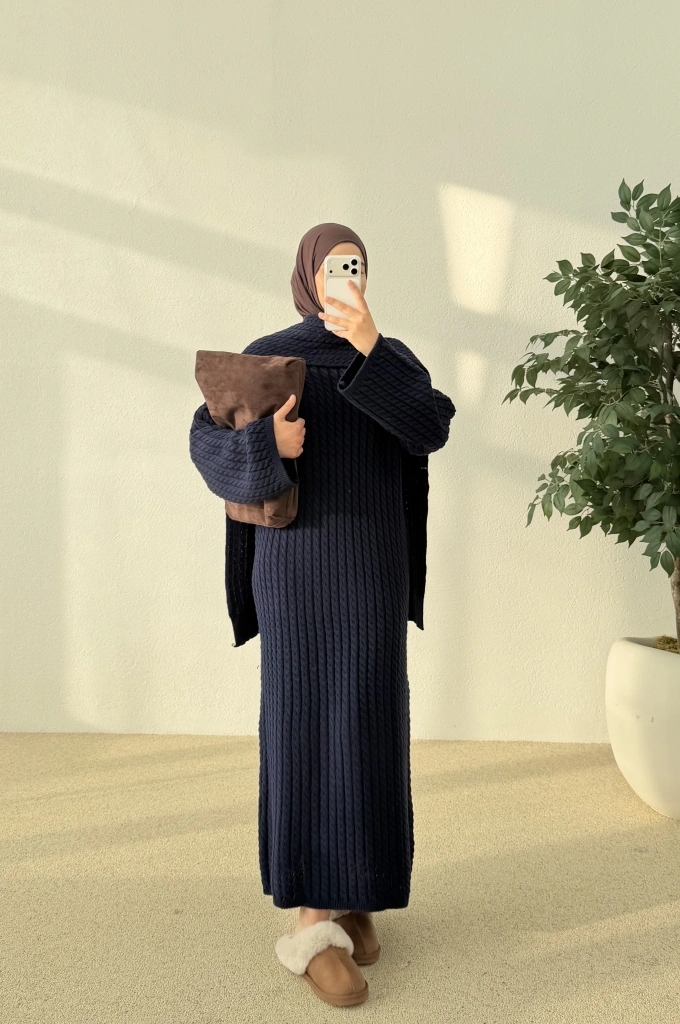 Örgülü atkılı elbise lacivert