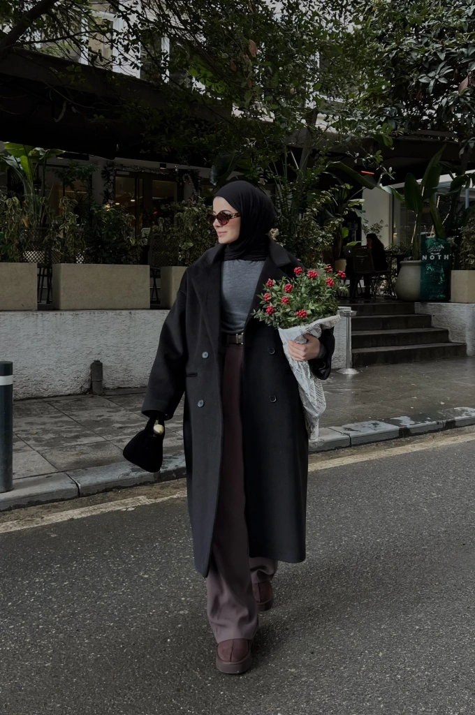 Oversize İtal yün dokulu düğmeli kaban