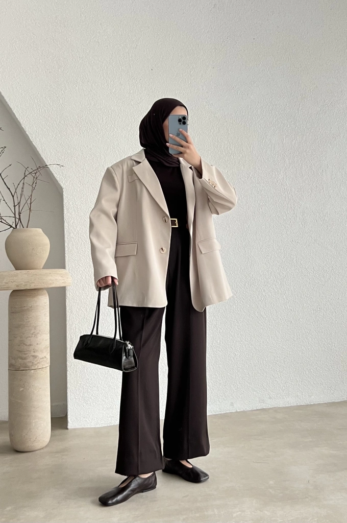 Oversize Premium Astarlı Blazer__ Bej