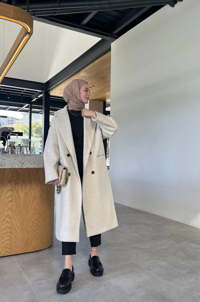 Oversize Premium Kalite Kaban Bej // Siyah Düğmeli