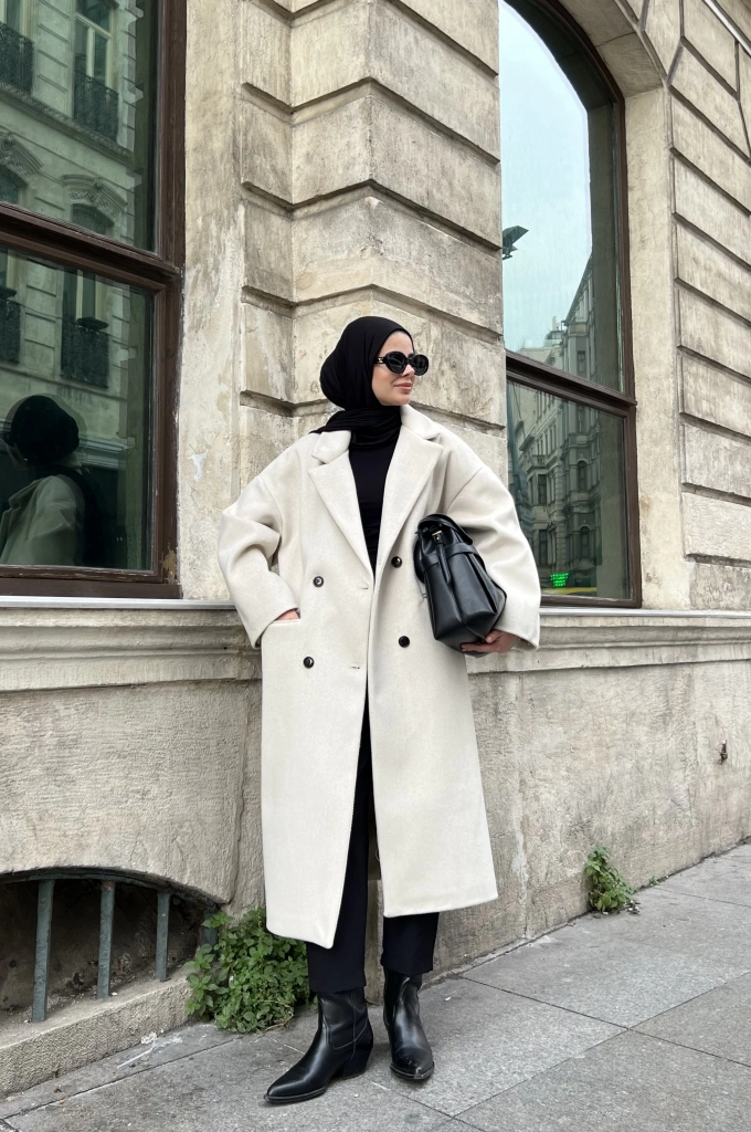 Oversize Premium Kalite Kaban bej // SİYAH DÜĞMELİ