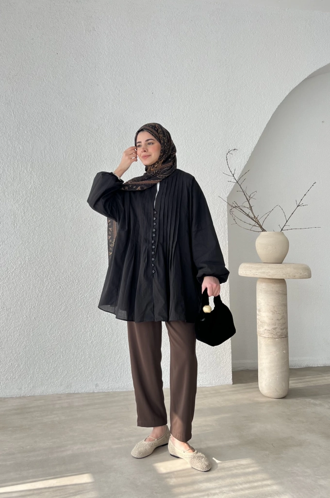 PAMUK VUAL BİYELİ GÖMLEK SİYAH