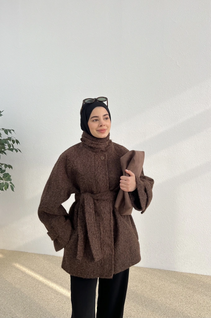 PAT DETAYLI FERMUARLI KABAN CEKET KAHVE