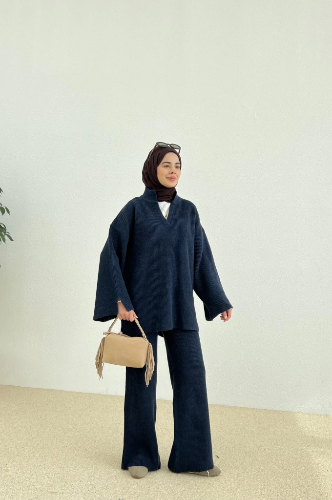 POLO YAKA ÖRGÜ TRİKO TAKIM lacivert