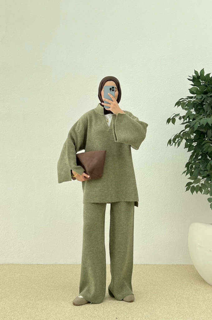 POLO YAKA ÖRGÜ TRİKO TAKIM yeşil