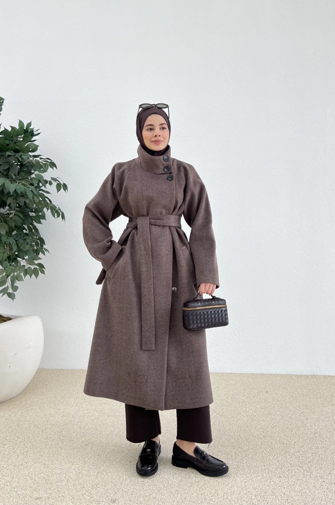 PREMİUM İTHAL KAŞE KABAN DİK YAKA kahve