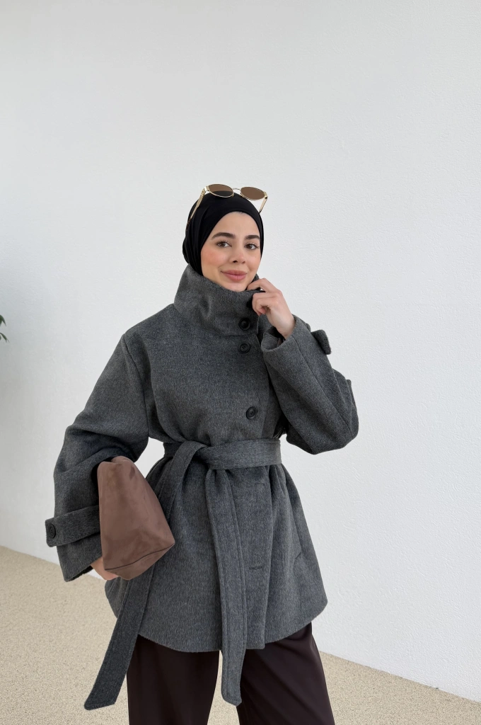 KUŞAKLI DİK YAKA KABAN antrasit