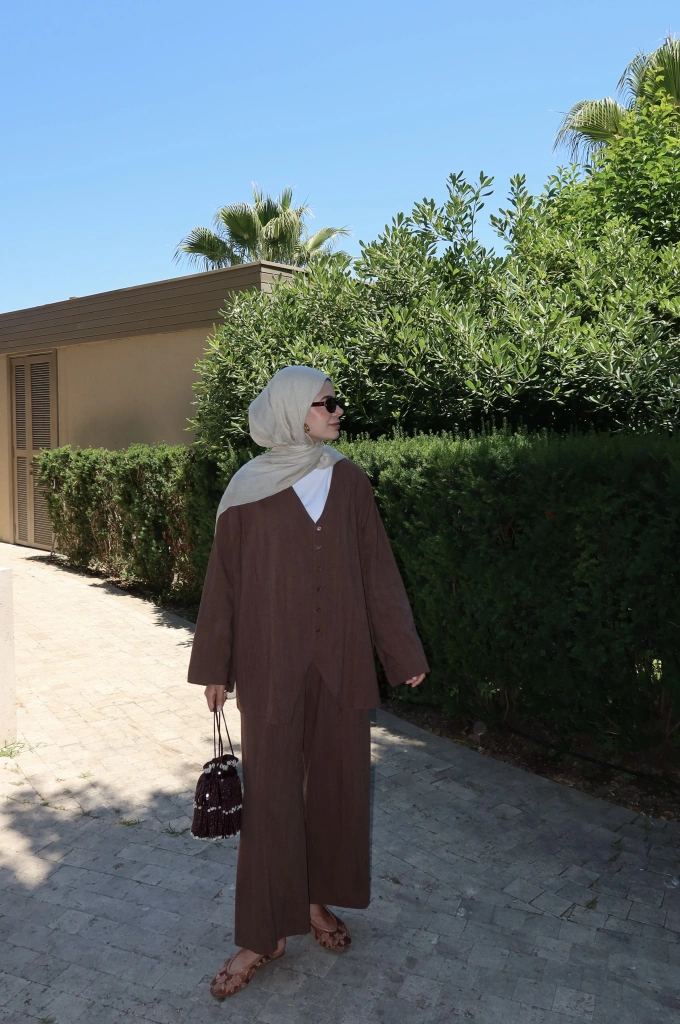 V YAKA KETEN KİMONO TAKIM ACI KAHVE