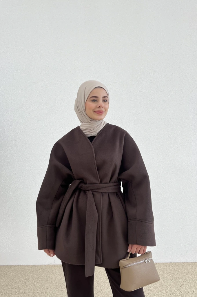 V YAKA kuşaklı İTHAL KABAN kahve