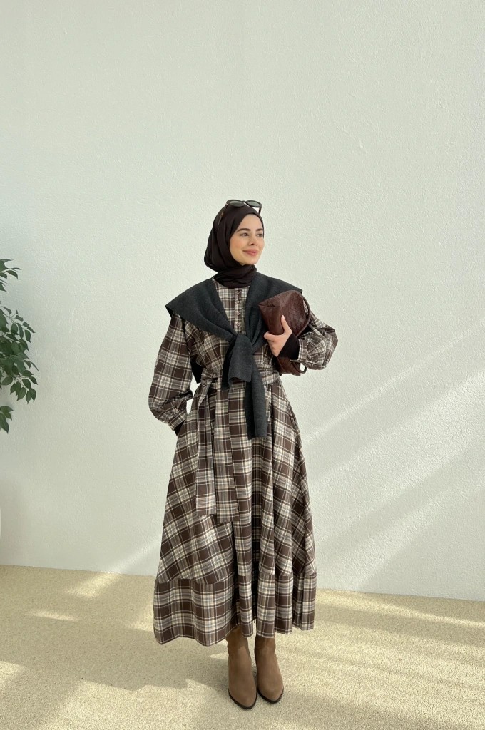 ZR KARELİ GÖMLEK ELBİSE KAHVE