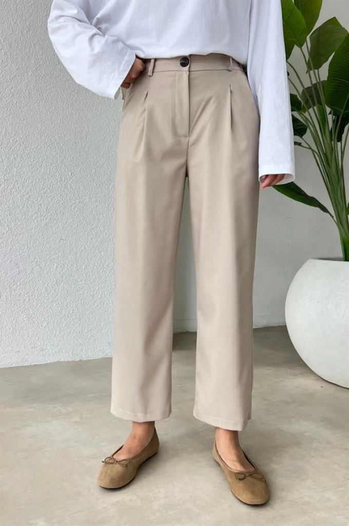 ŻR MUADİL BELİ LASTİKLİ YÜKSEK BEL PREMİUM VİSKON PANTOLON BEJ