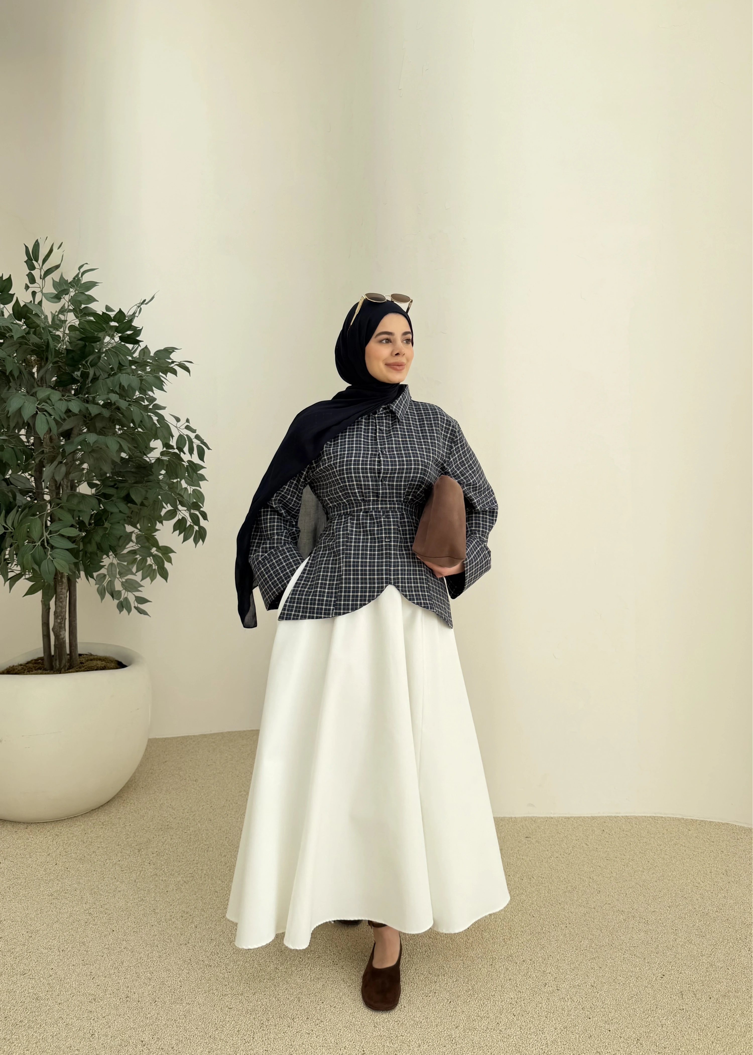 2000 Bel detaylı ekose mavi geçişli gömlek