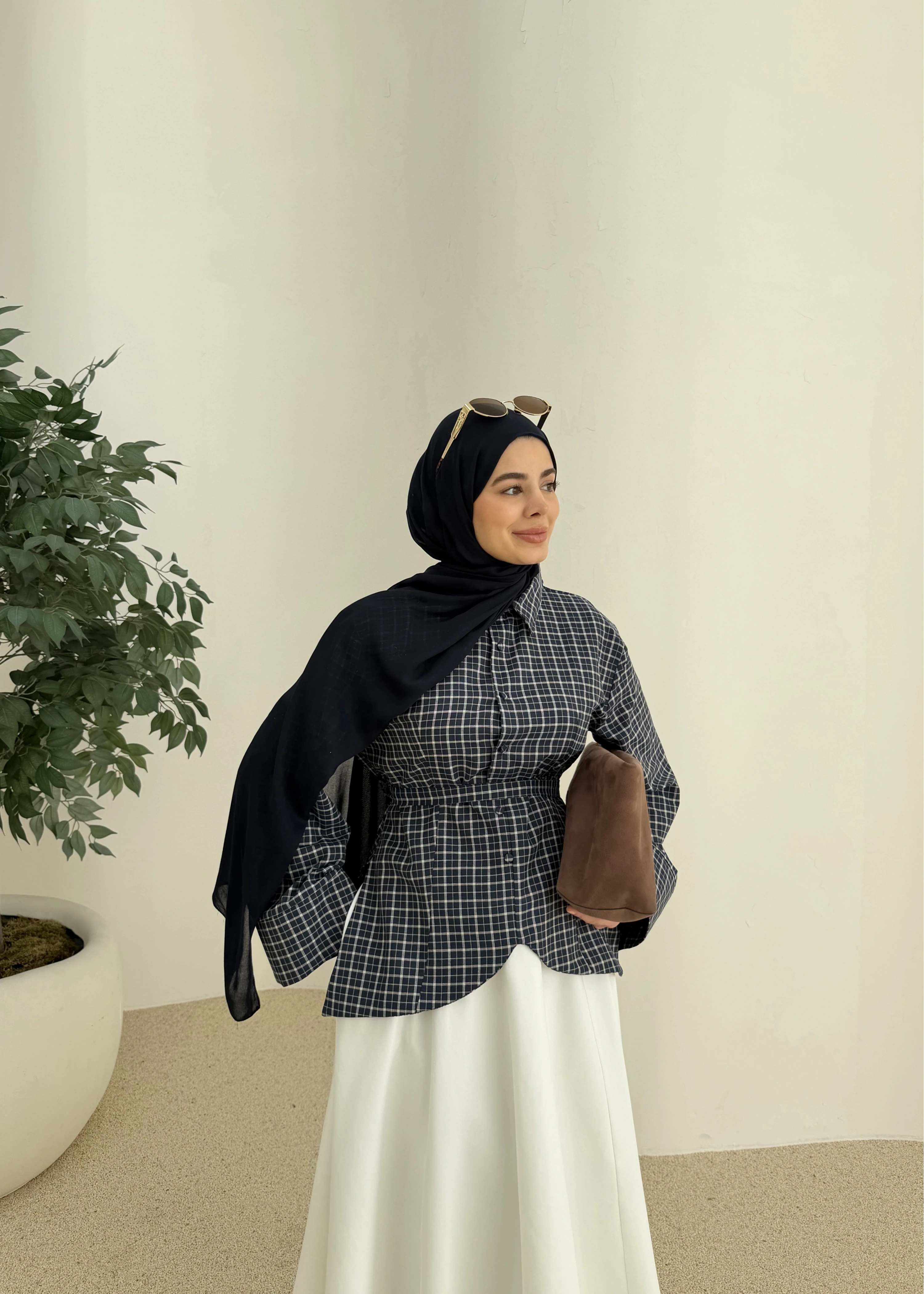 2000 Bel detaylı ekose mavi geçişli gömlek