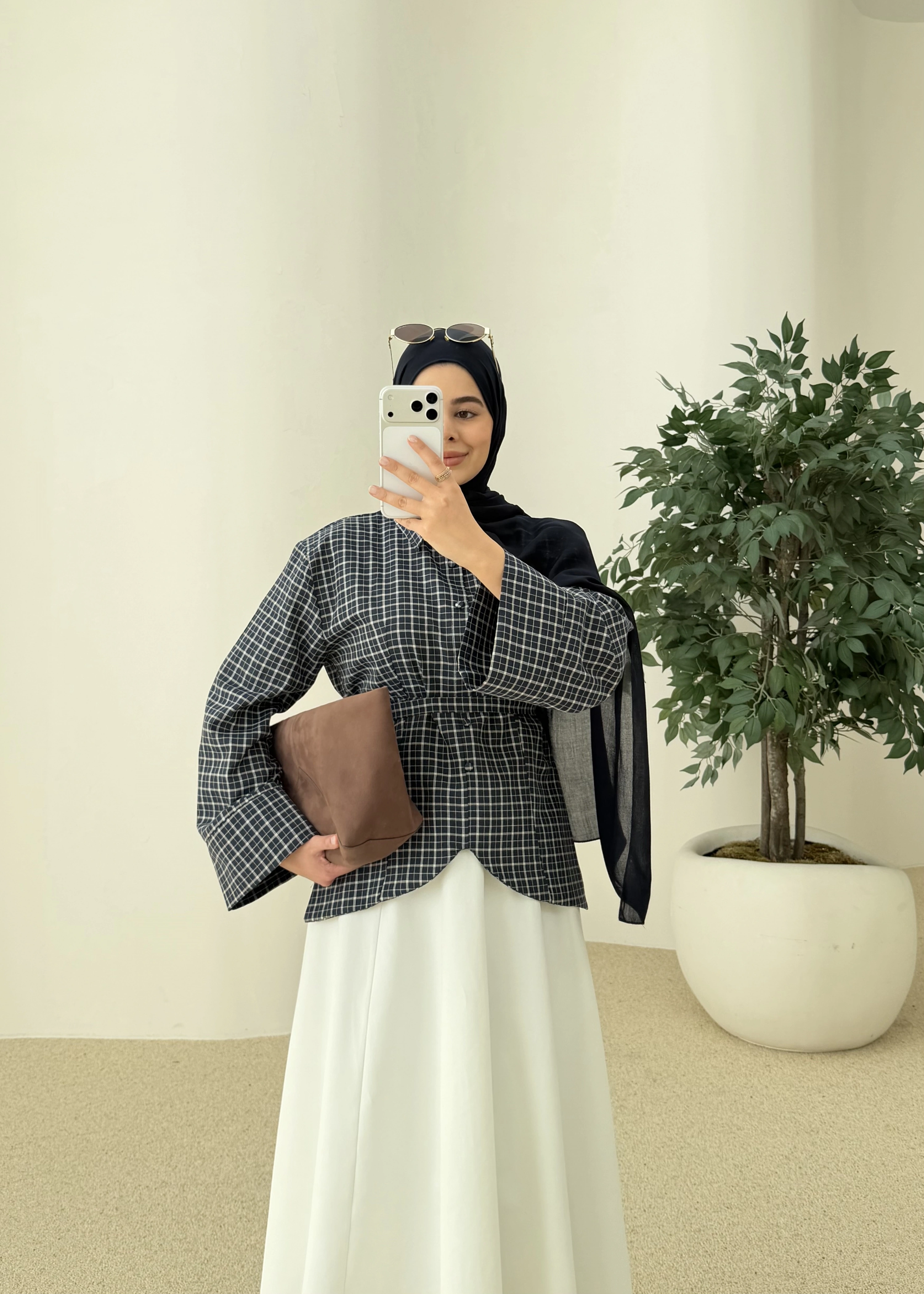 2000 Bel detaylı ekose mavi geçişli gömlek