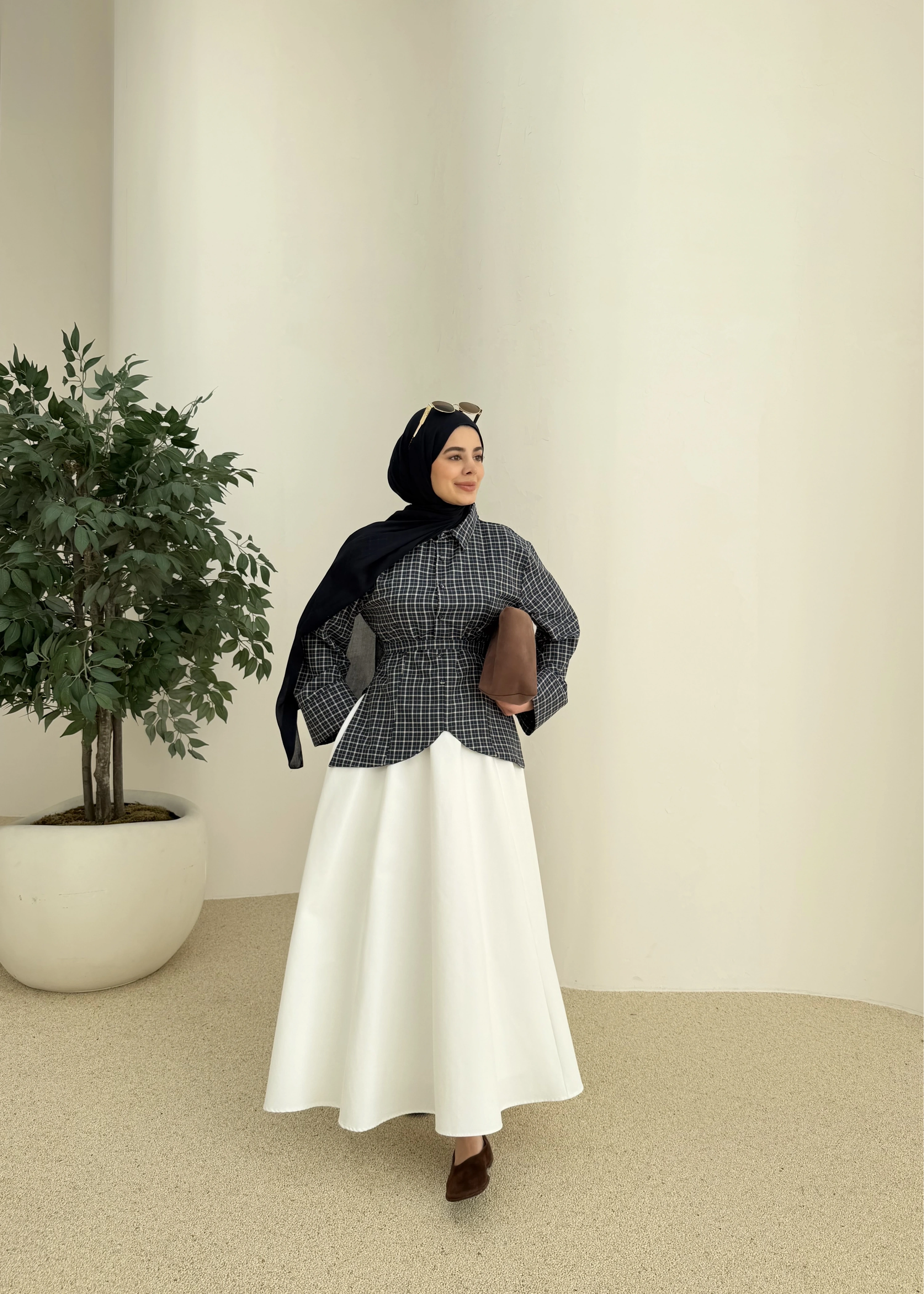 2000 Bel detaylı ekose mavi geçişli gömlek