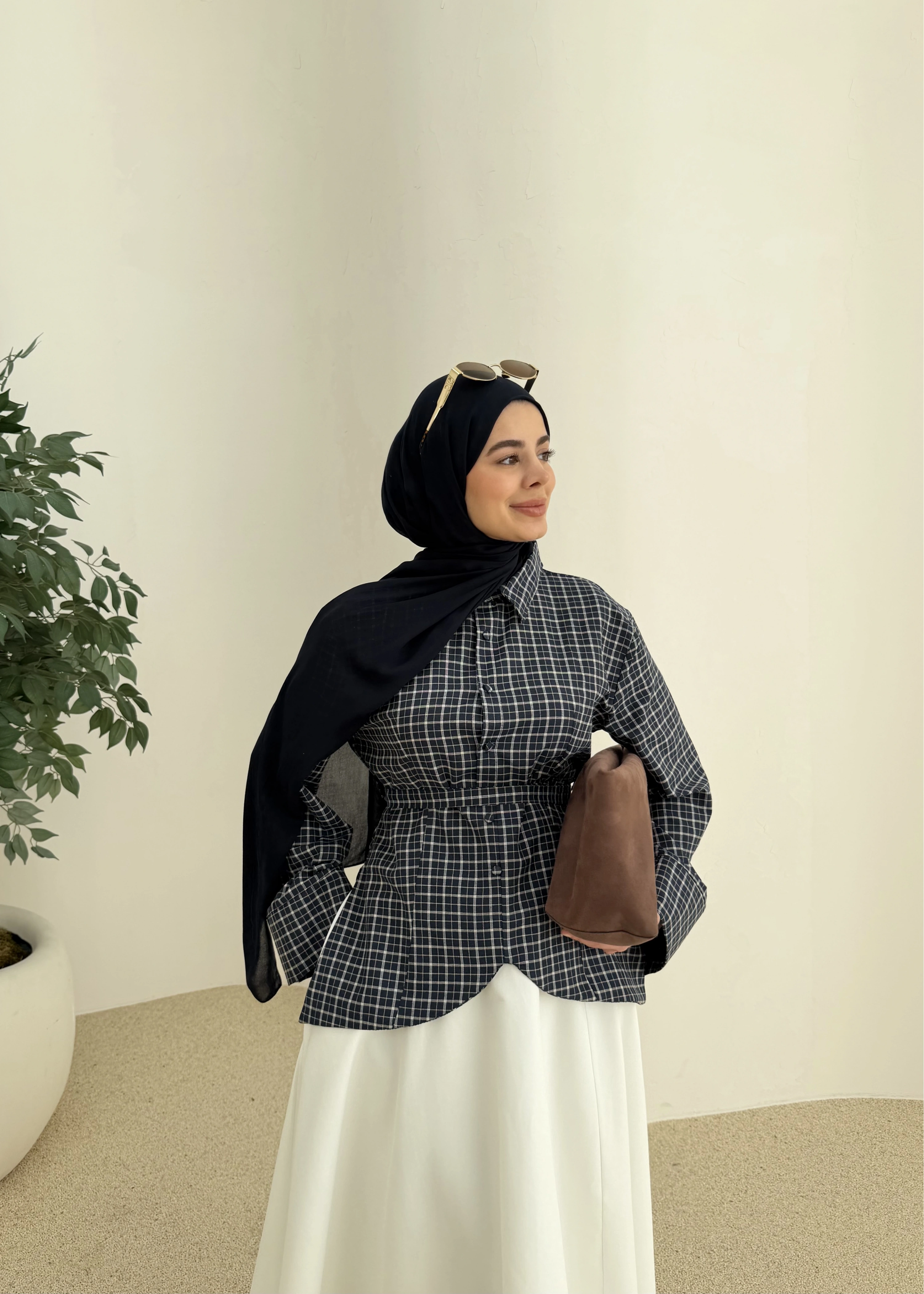 2000 Bel detaylı ekose mavi geçişli gömlek