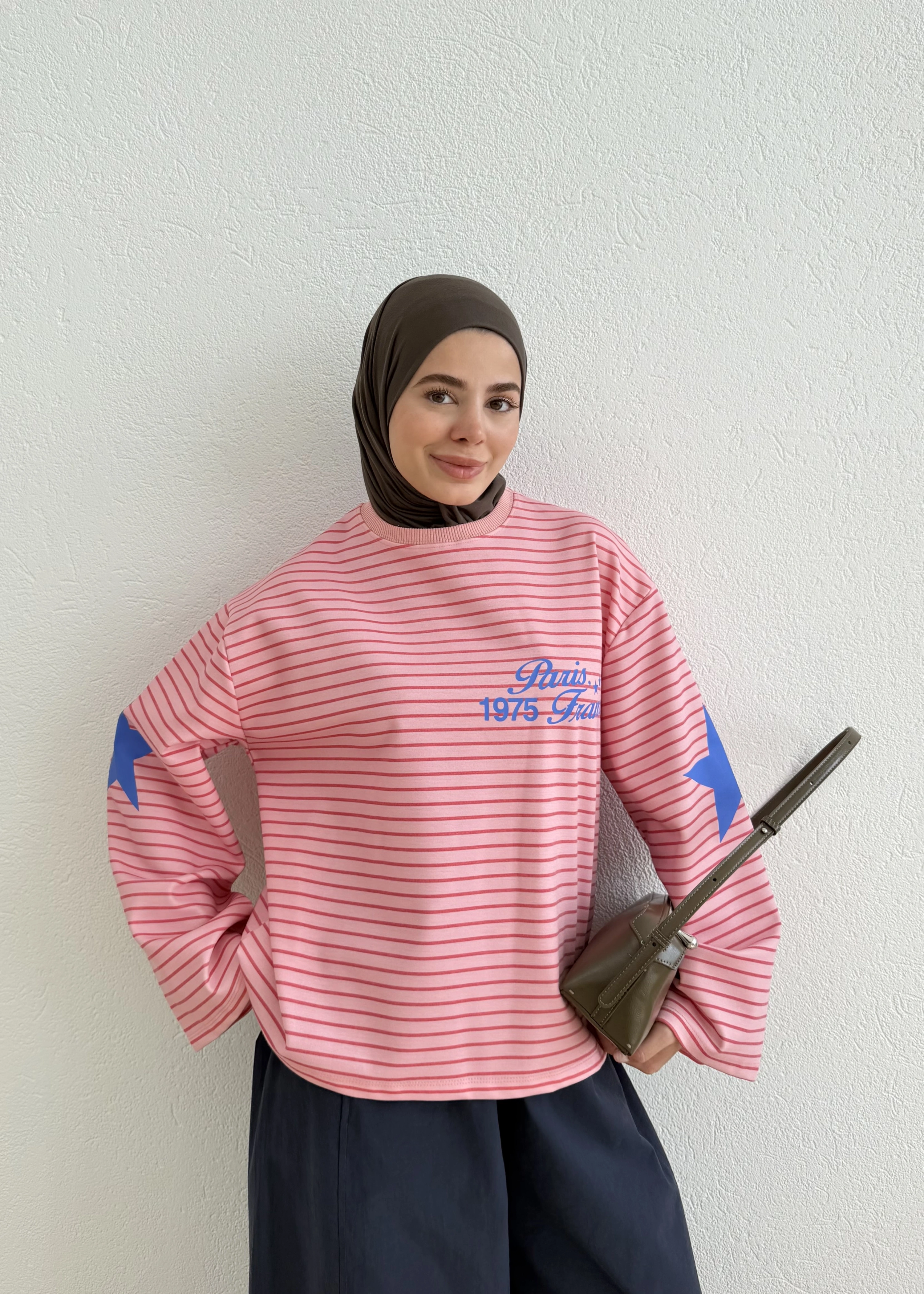 3073 PARİS CİZGİLİ SWEAT PEMBE