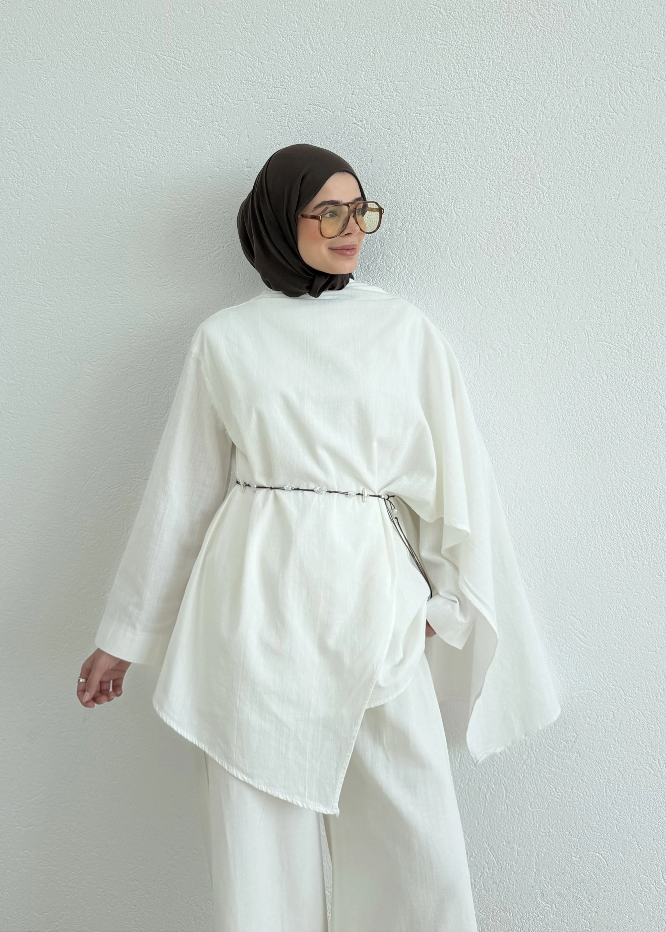 5479 FULAR DTY KETEN TUNİK BEYAZ