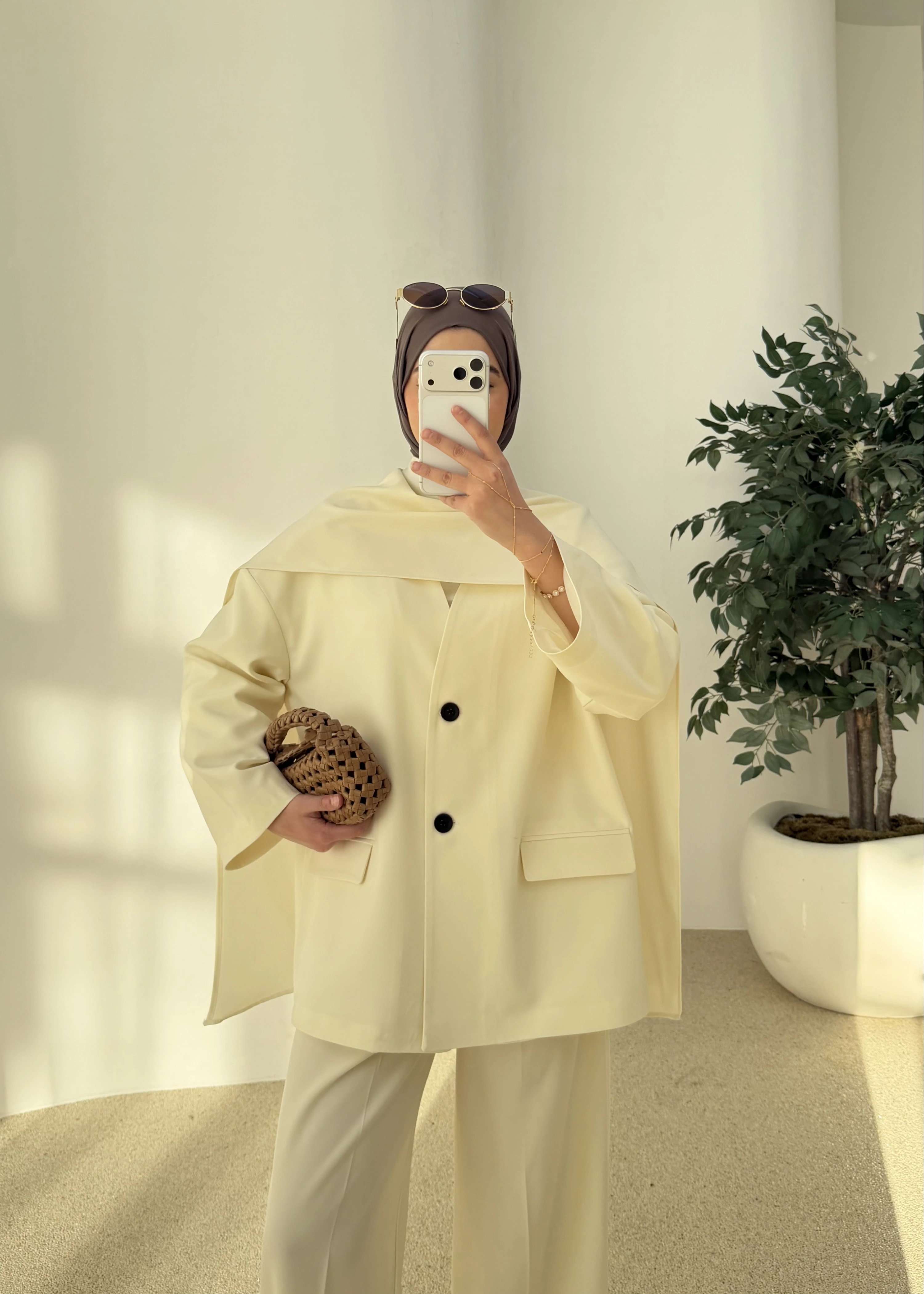 6003 Fularlı blazer ceket takım soft ekru