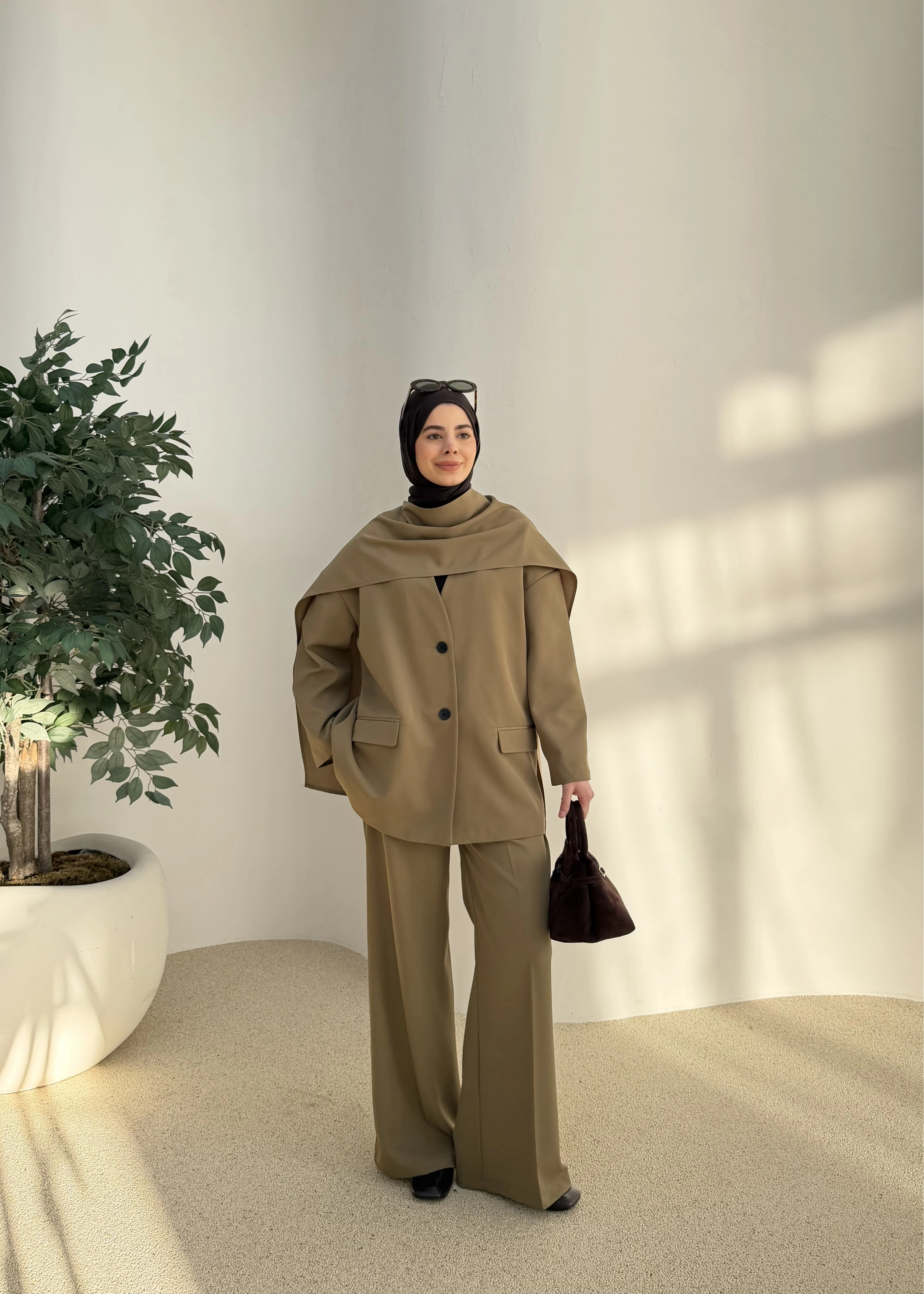 6003 Fularlı blazer ceket takım soft yeşil