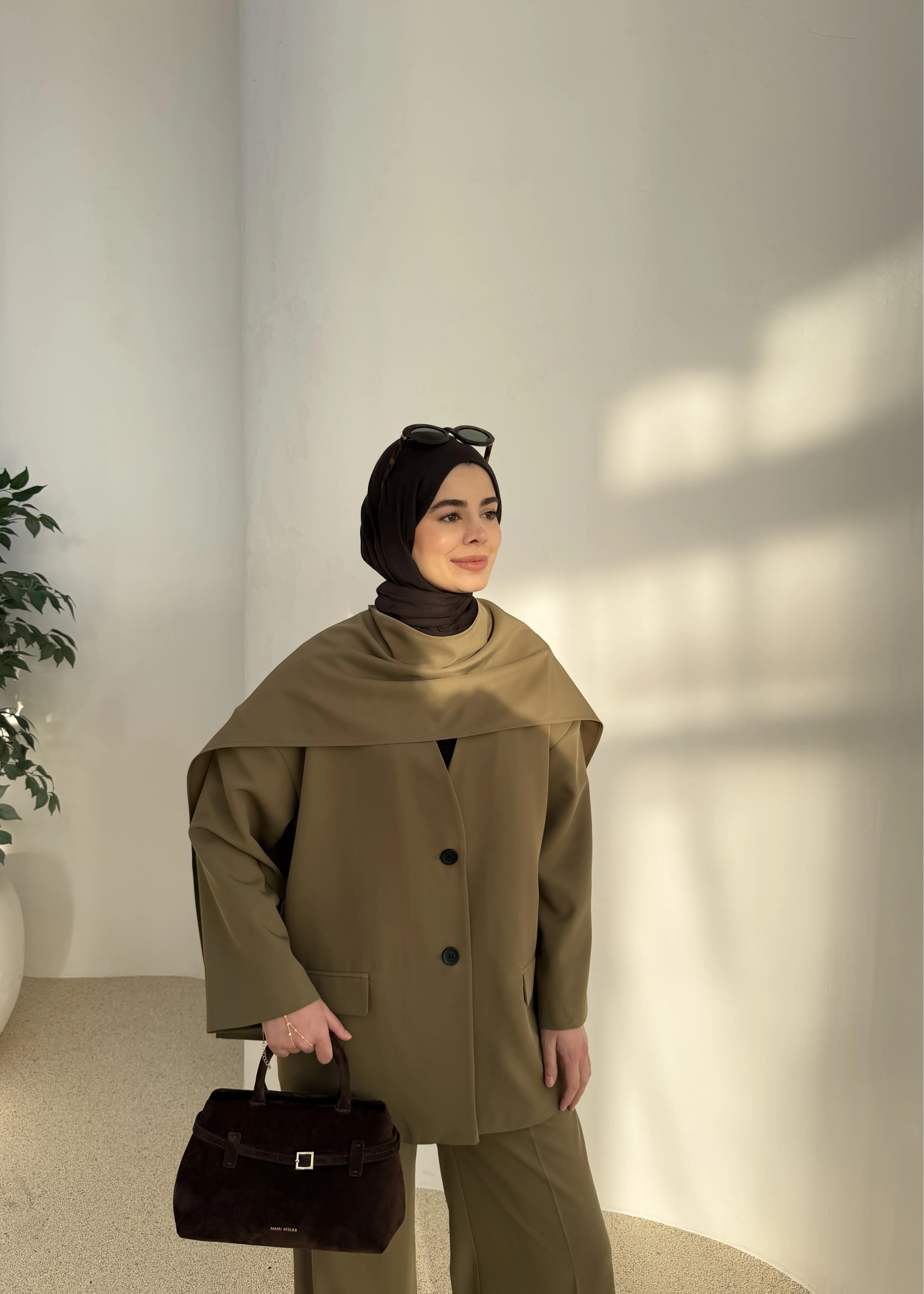 6003 Fularlı blazer ceket takım soft yeşil