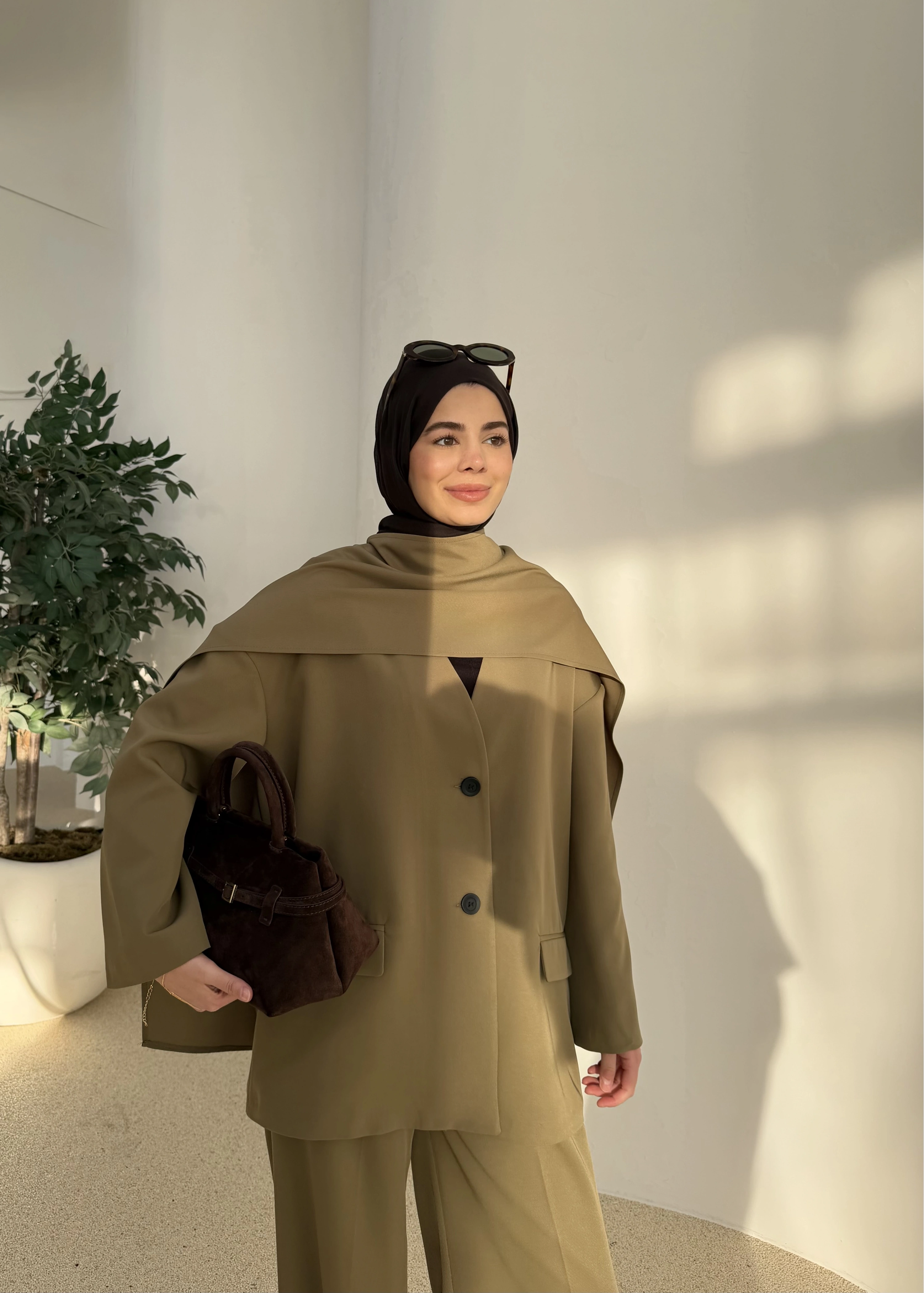 6003 Fularlı blazer ceket takım soft yeşil