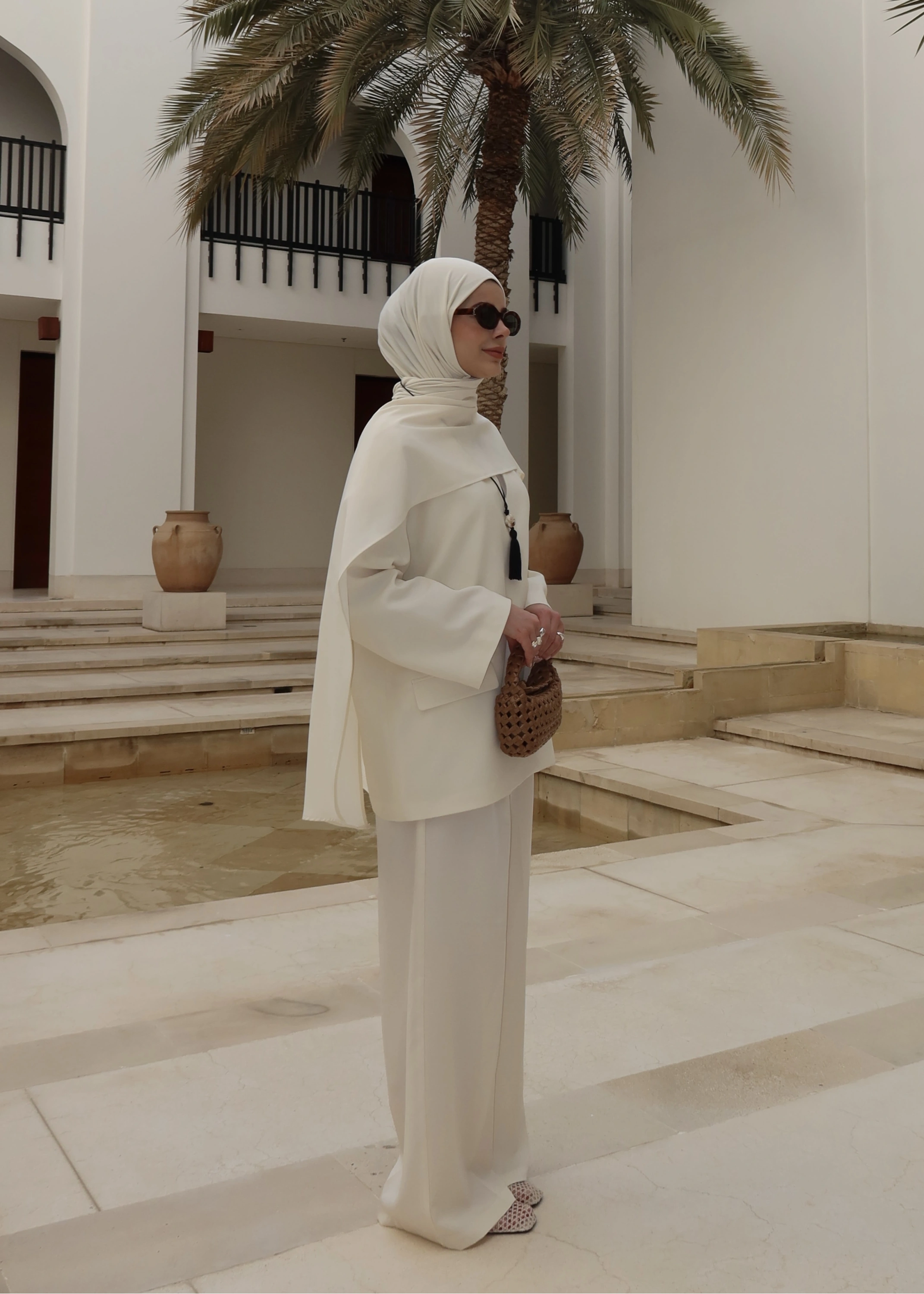 6003 Fularlı blazer ceket takım soft ekru